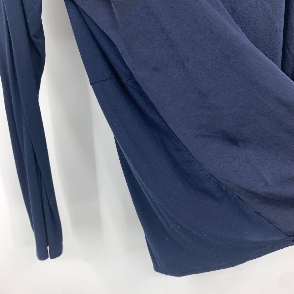 J Jill medium blouse pullover woven front knit back blue long sleeve stretch - Picture 3 of 9